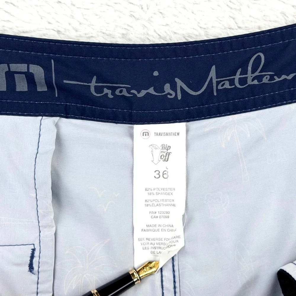 TravisMathew Board Shorts Men 36 Blue Palm Surf Beer Beach Tropical Resort 9